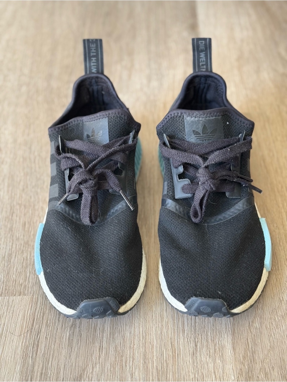 Adidas NMDs Boost Women’s Black Sneakers with Light Blue Accents